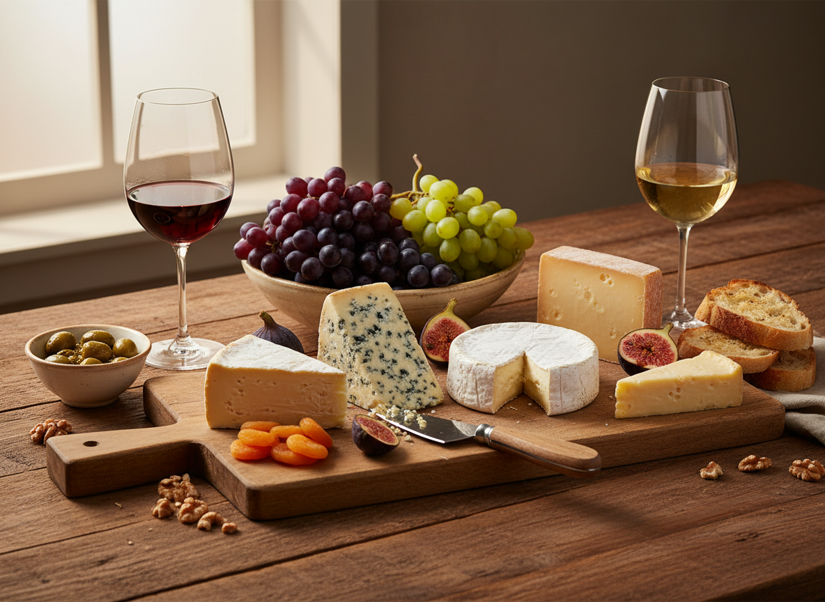 Artisan cheeses, grapes, figs, and red and white wine arranged on a rustic table.